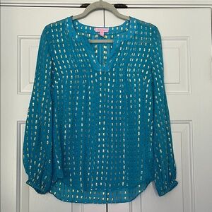 Lilly Pulitzer Teal Blouse with Gold Accents